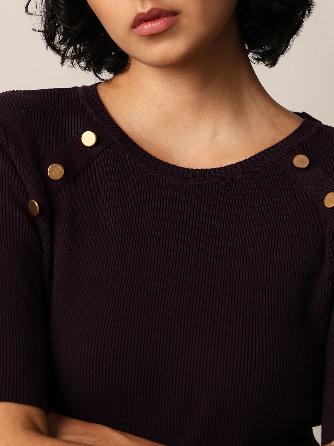 Plum Cotton Ribbed Knitted Top
