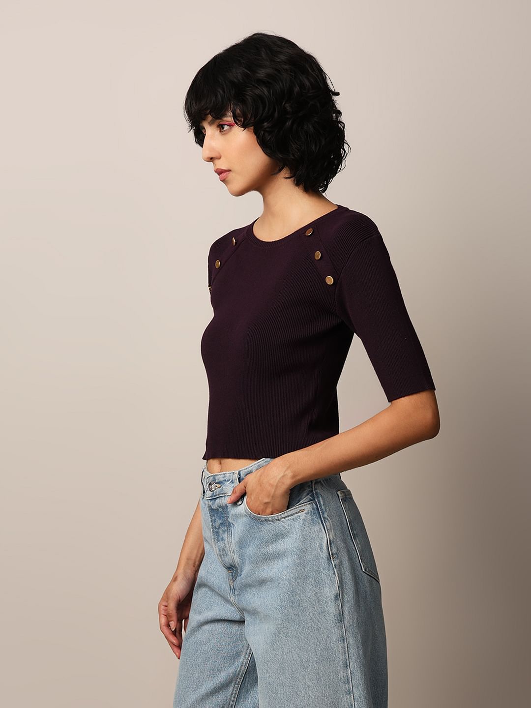 Plum Cotton Ribbed Knitted Top
