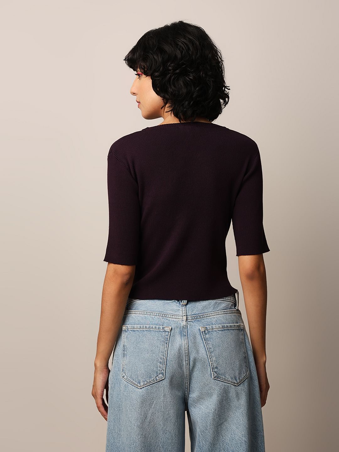 Plum Cotton Ribbed Knitted Top