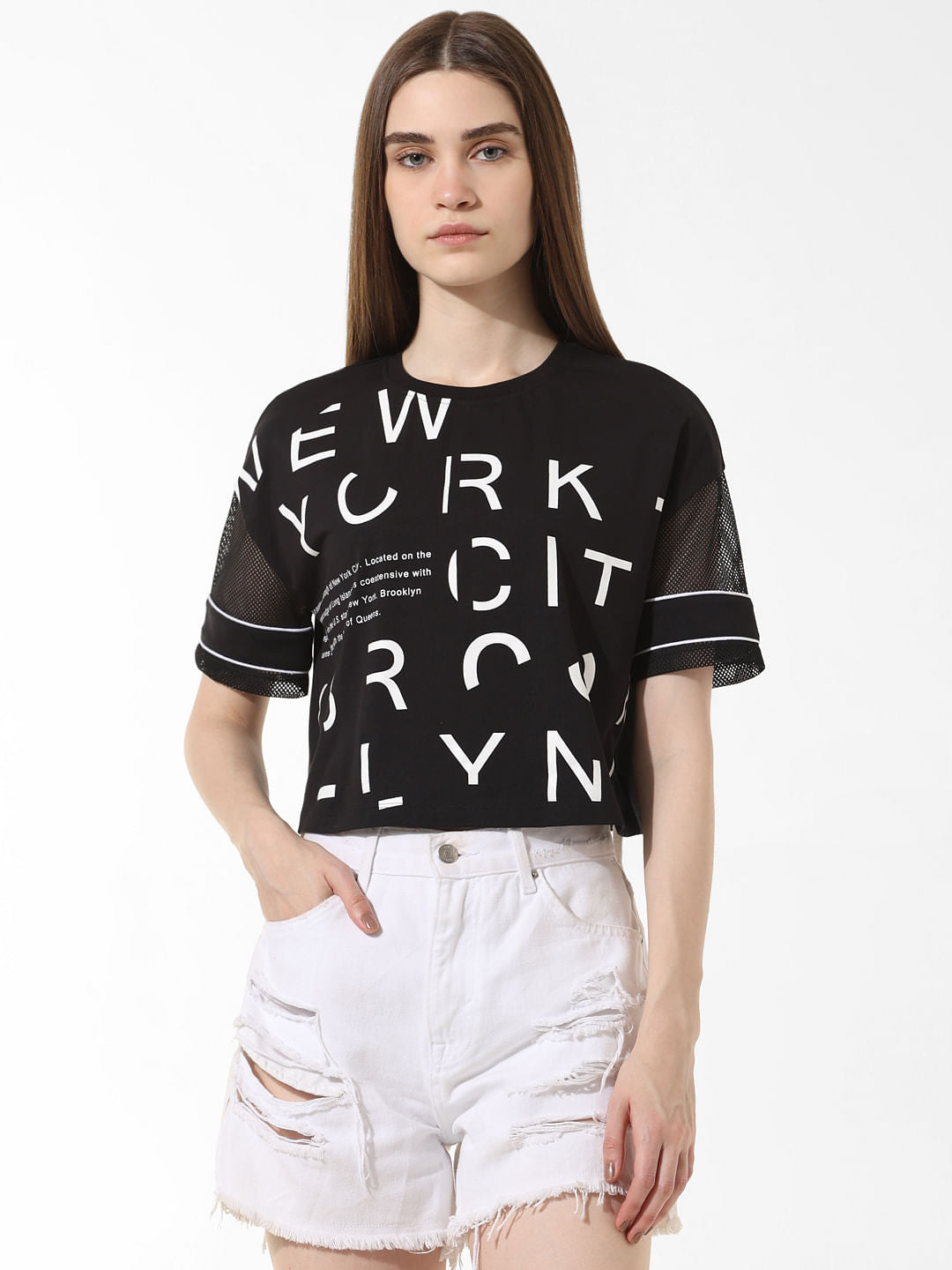 Black Mesh Cropped T-Shirt
