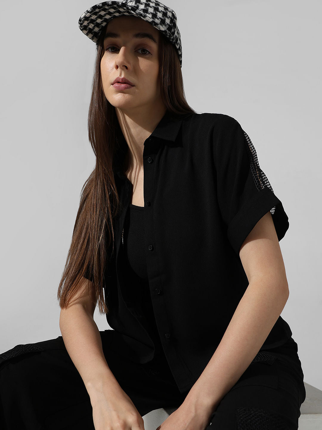 Black Mesh Detail Co-Ord Set Shirt
