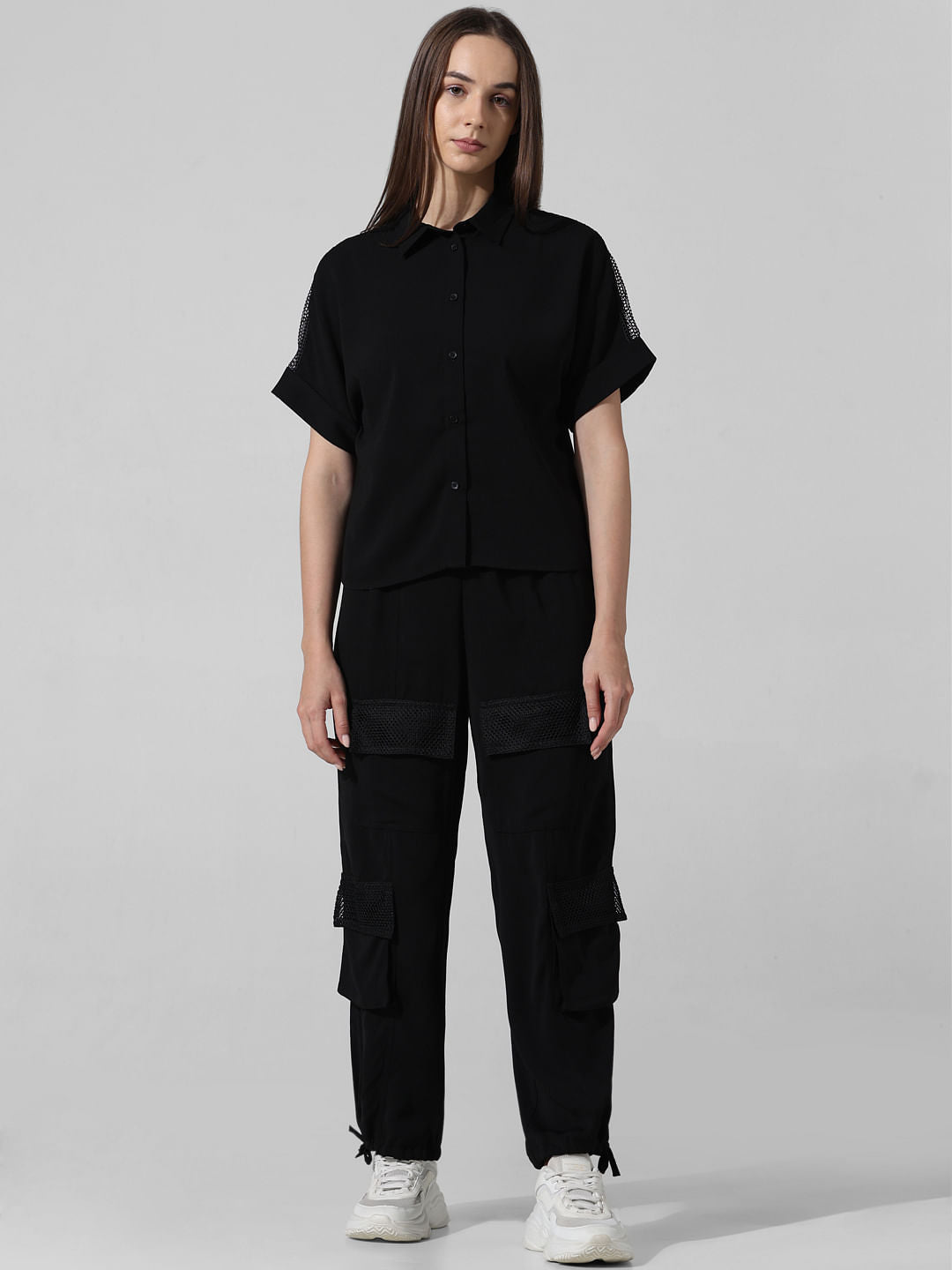 Black Mesh Detail Co-Ord Set Shirt