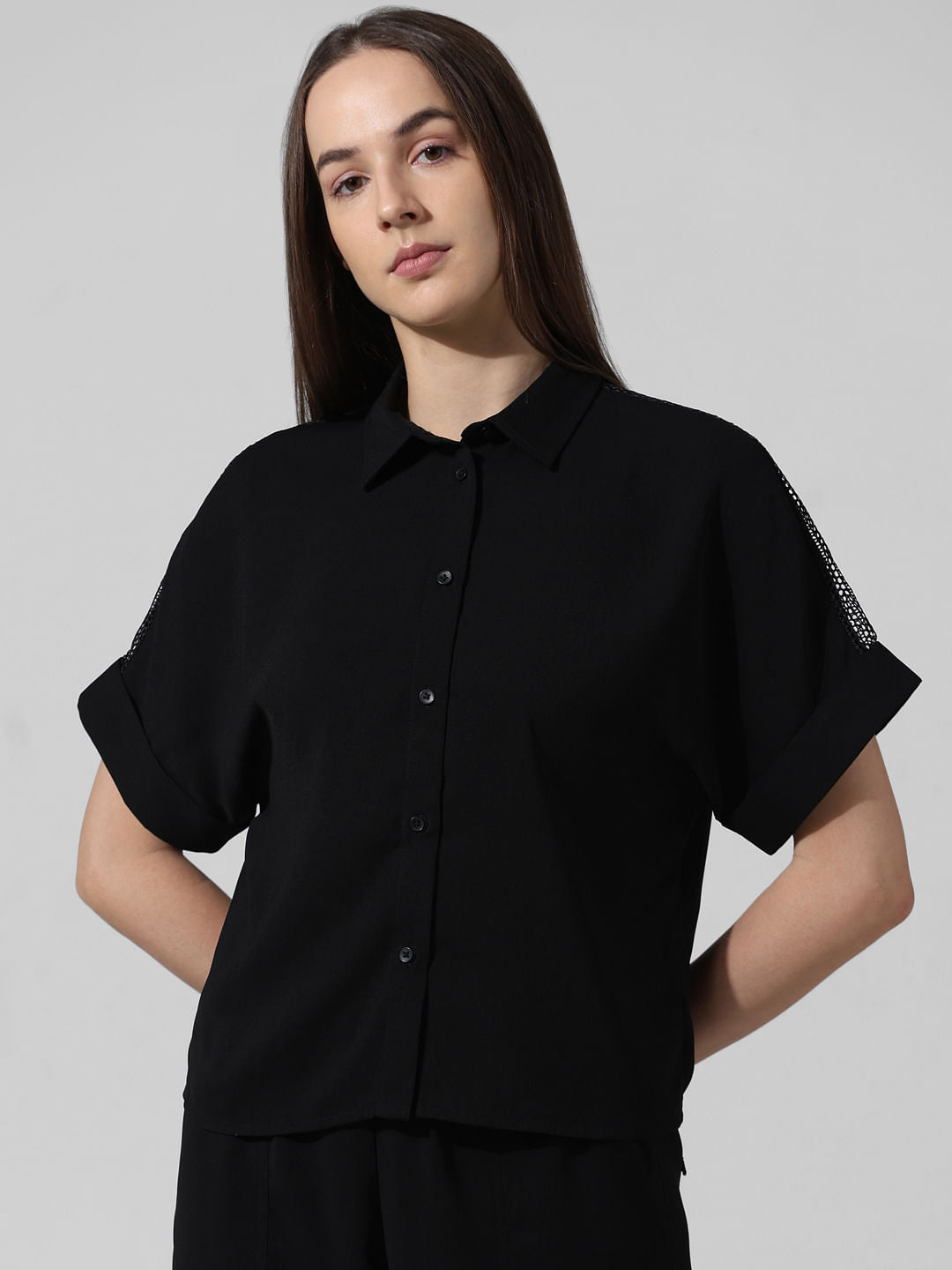 Black Mesh Detail Co-Ord Set Shirt