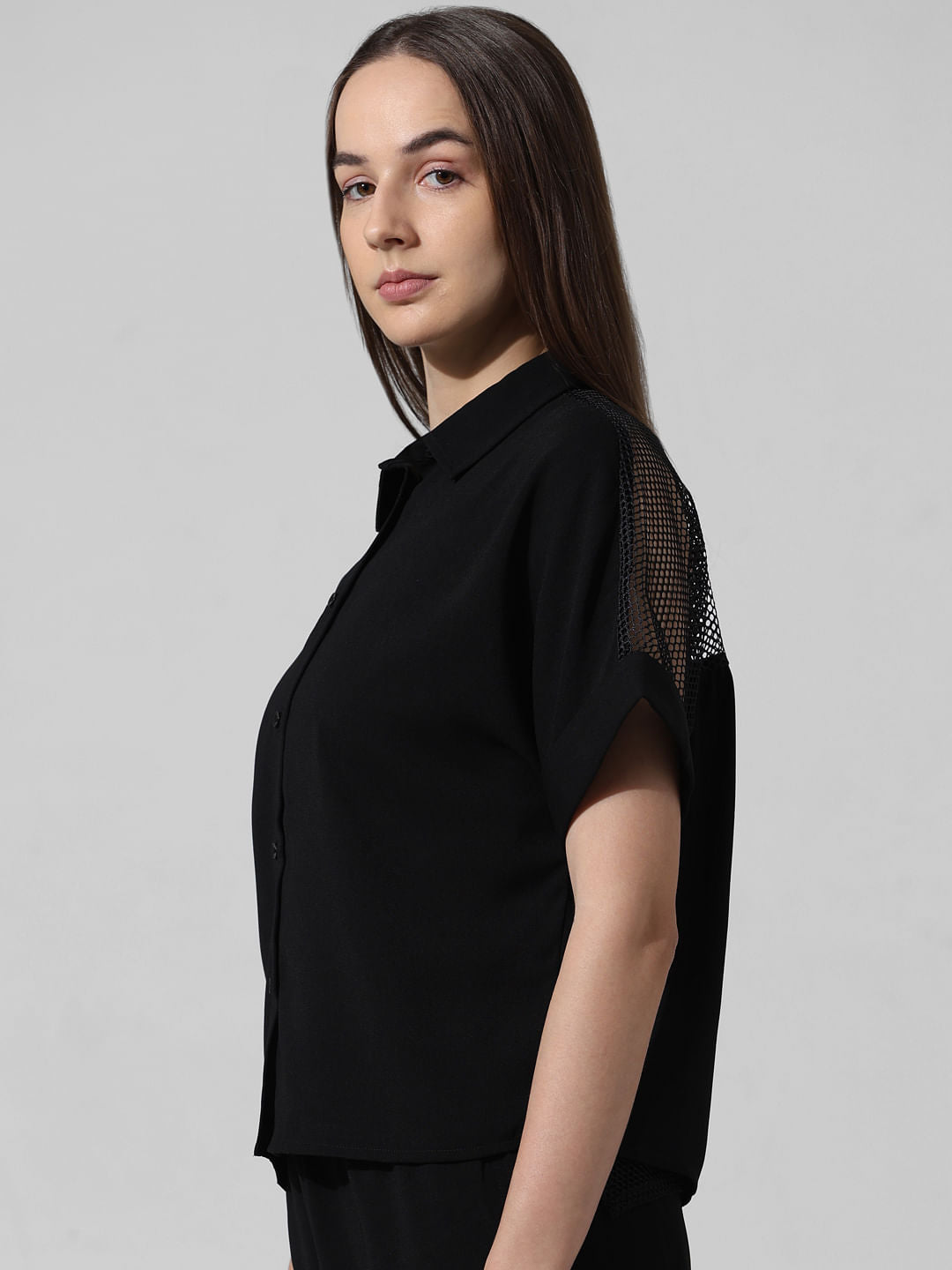 Black Mesh Detail Co-Ord Set Shirt