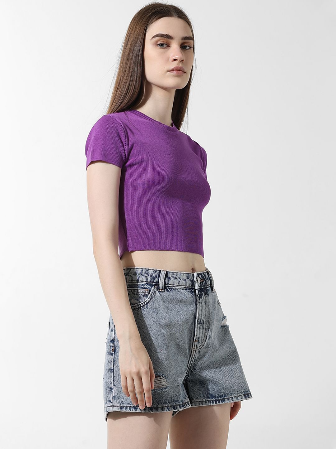 Purple Ribbed Cropped Top