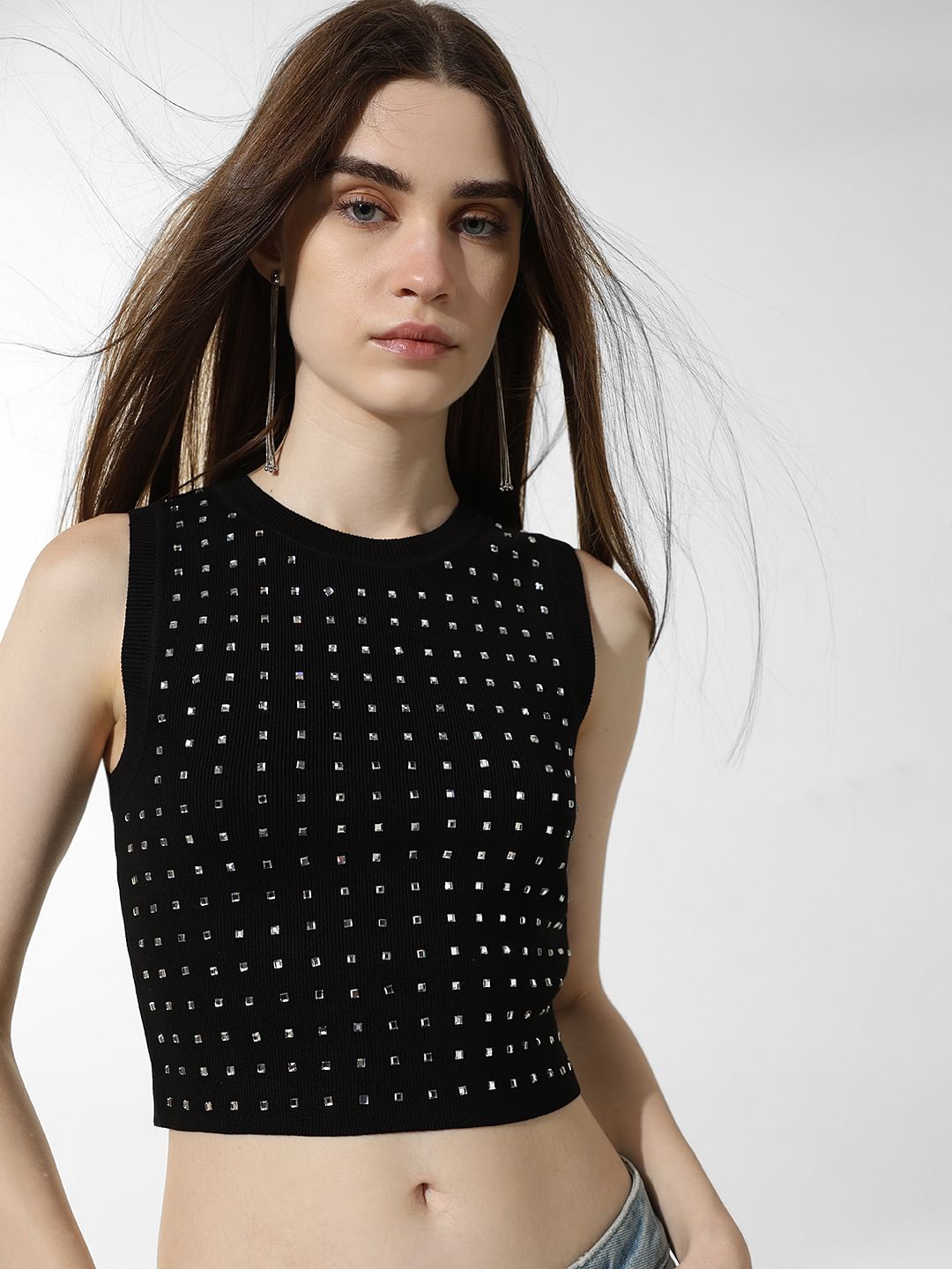Black Embellished Cropped Top