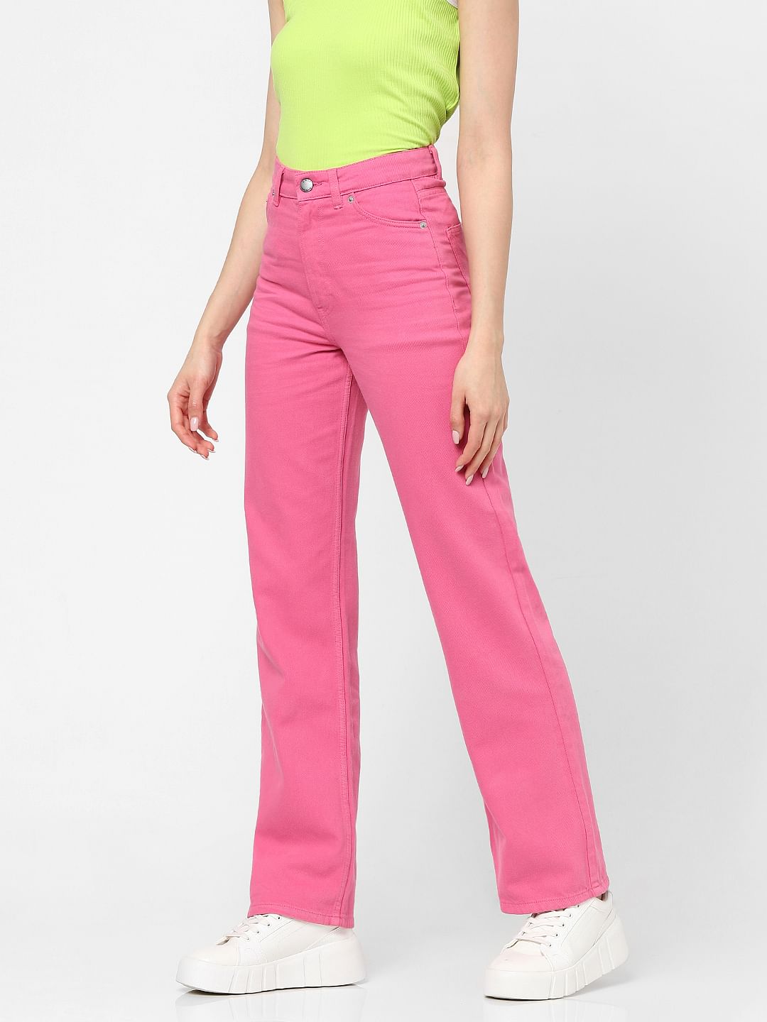 Pink High Rise Wide Leg Jeans