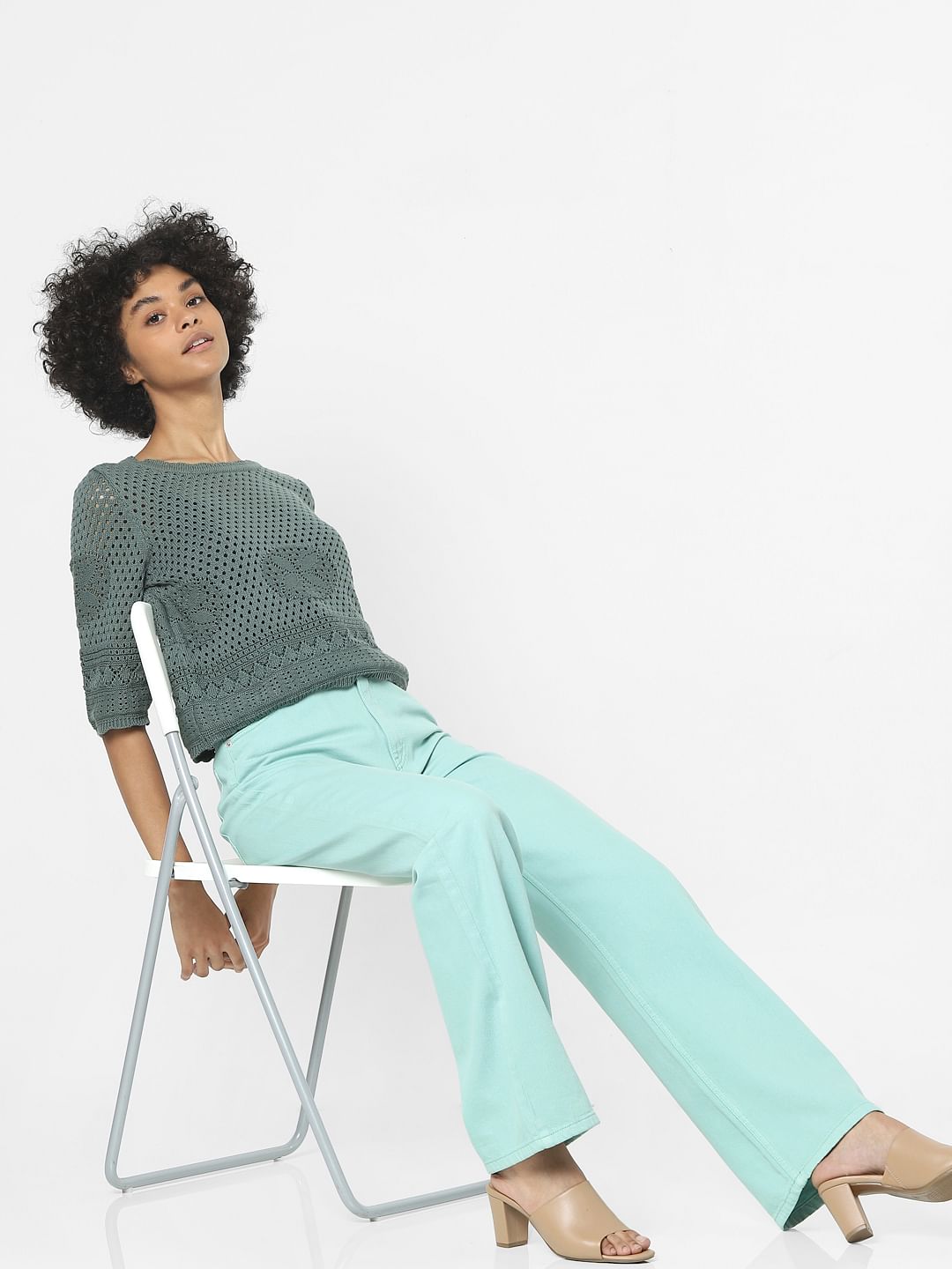 Green High Waist Flared Jeans