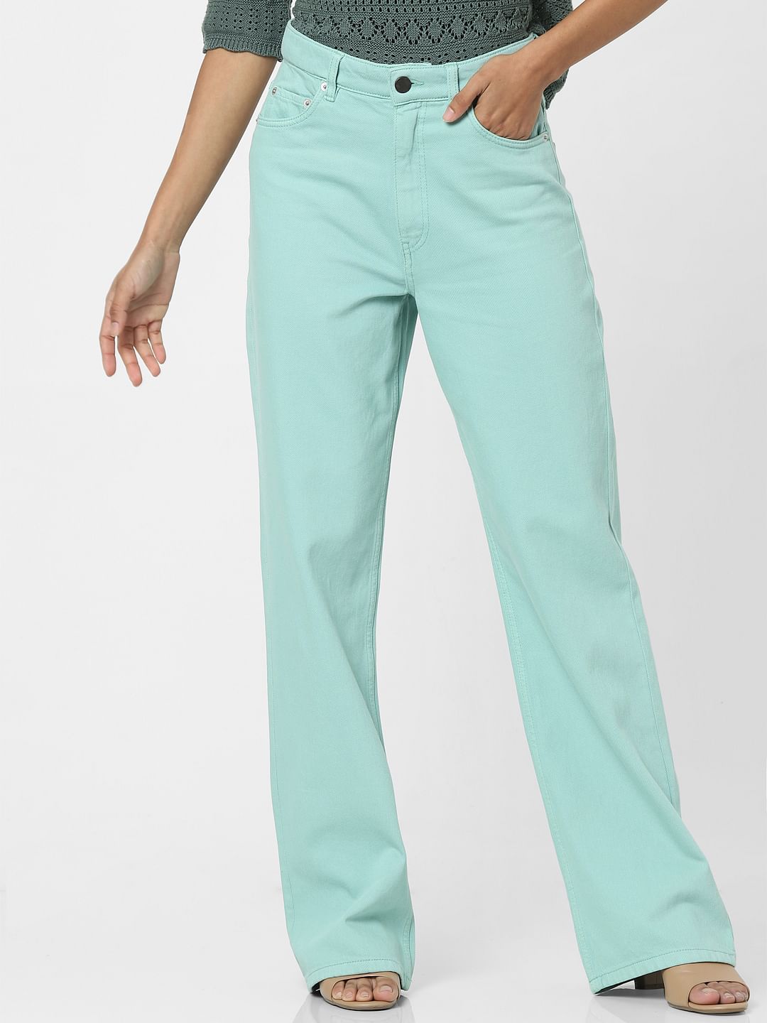 Green High Waist Flared Jeans