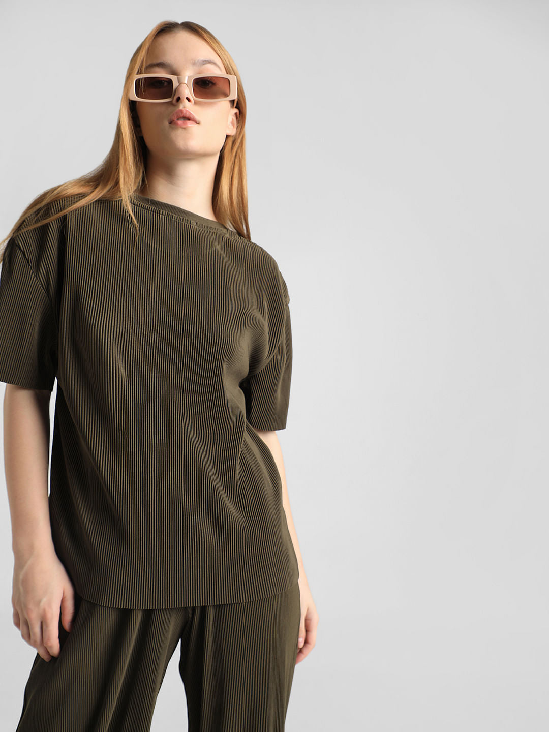 Olive Pleated Co-Ord Set T-Shirt
