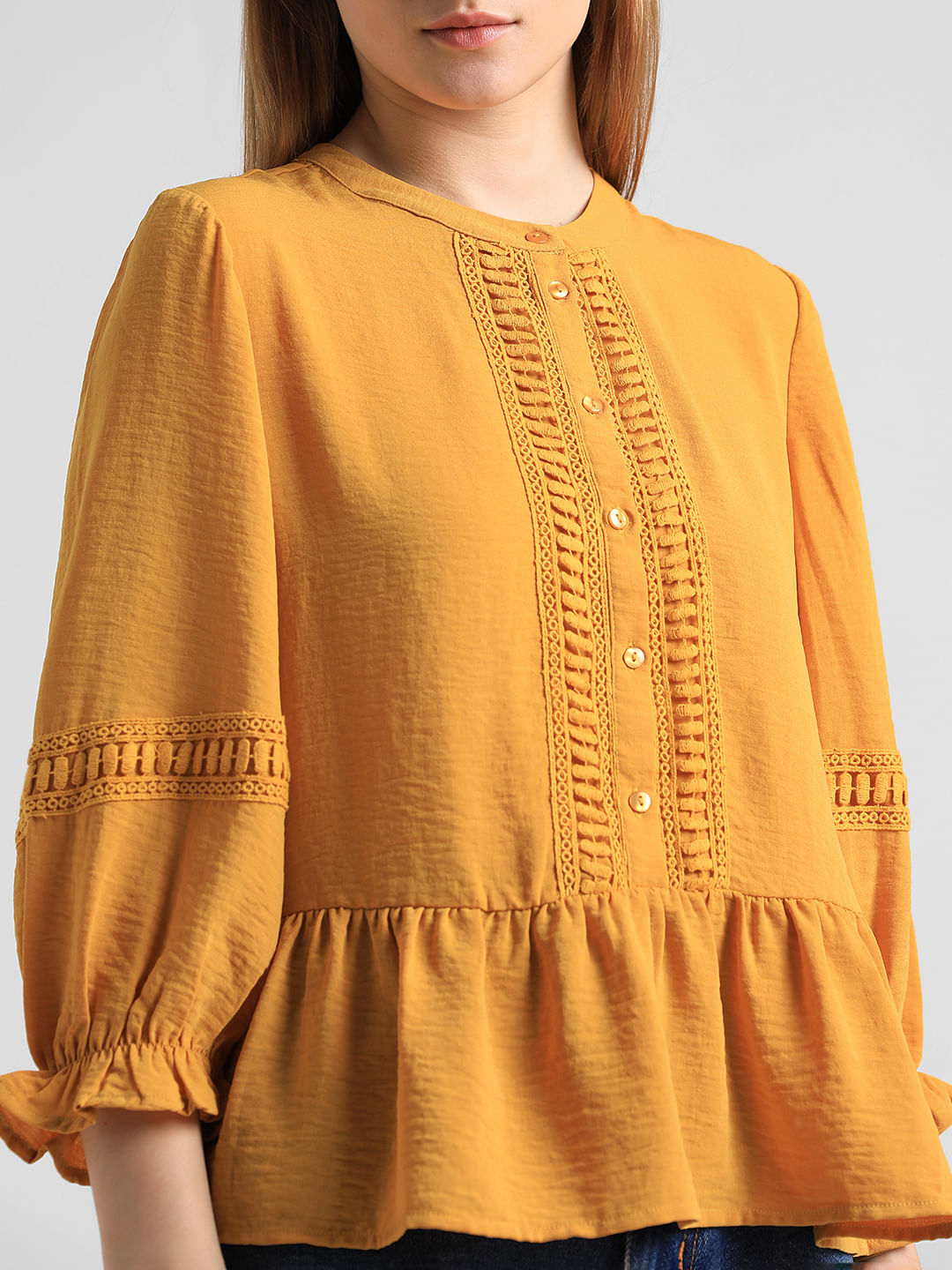 Yellow Lace Detail Peplum Top