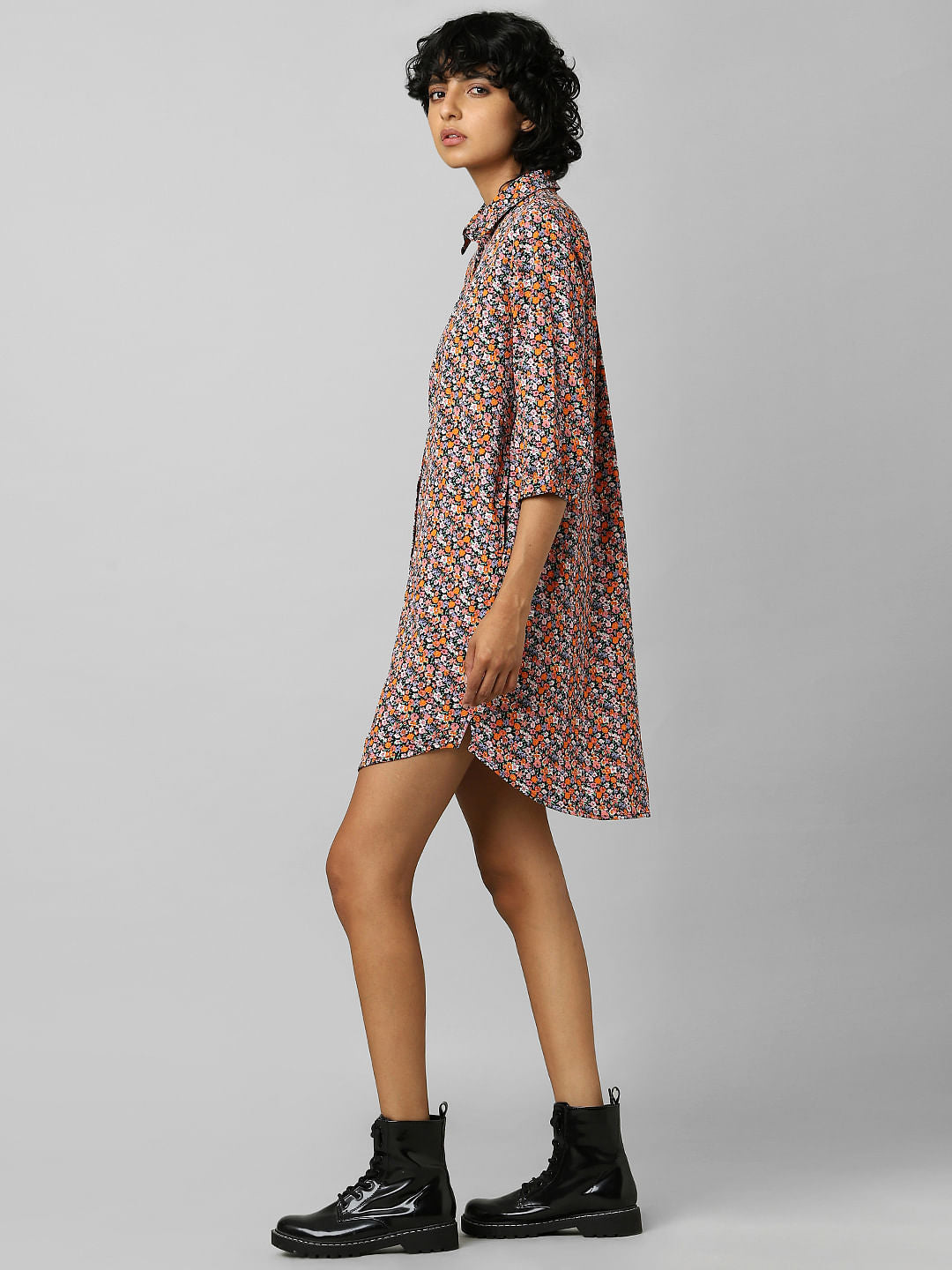 Red Floral Print Shirt Dress