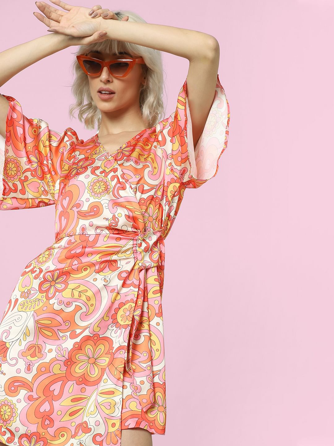 Orange All Over Print Wrap Dress