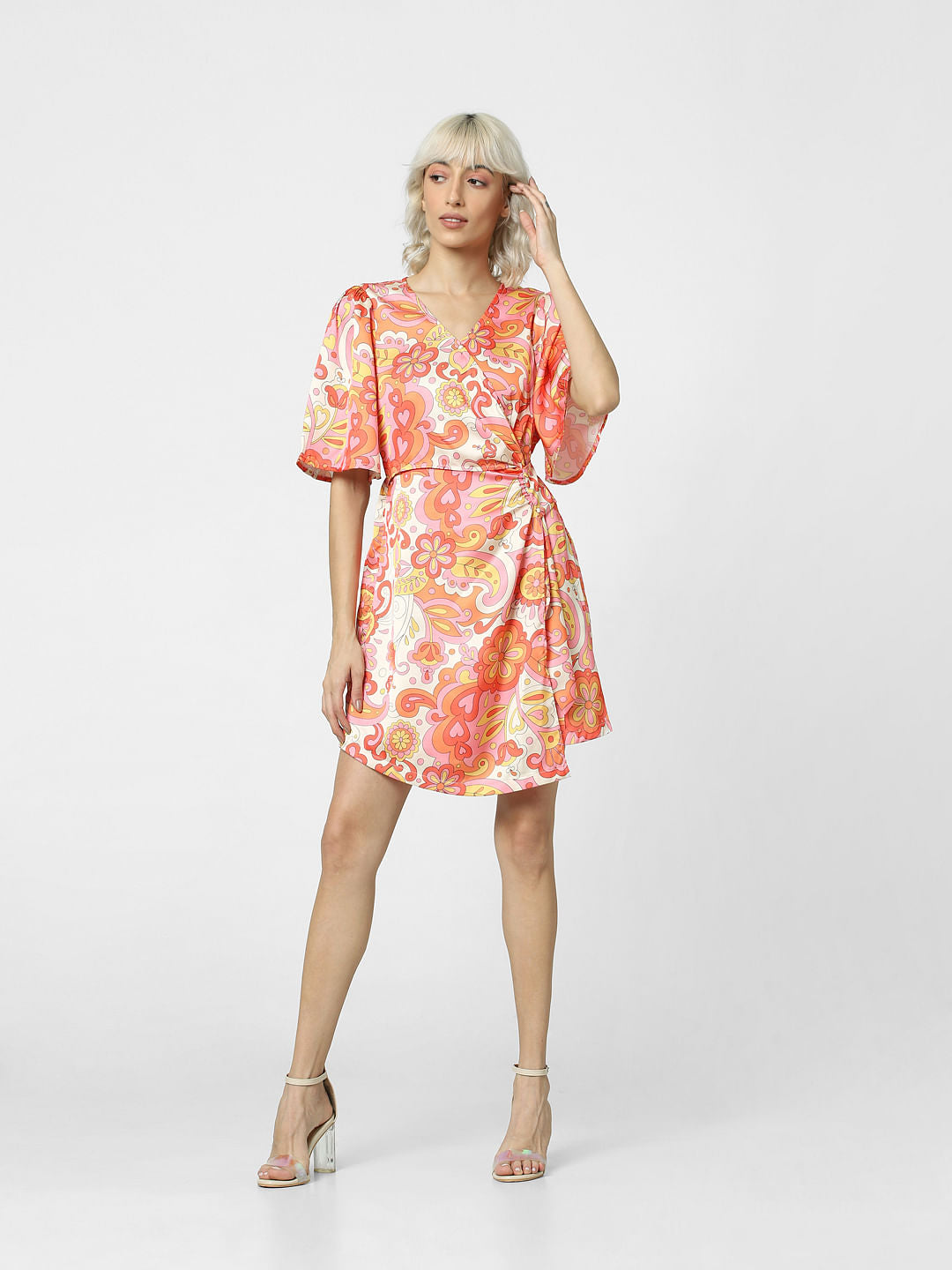 Orange All Over Print Wrap Dress