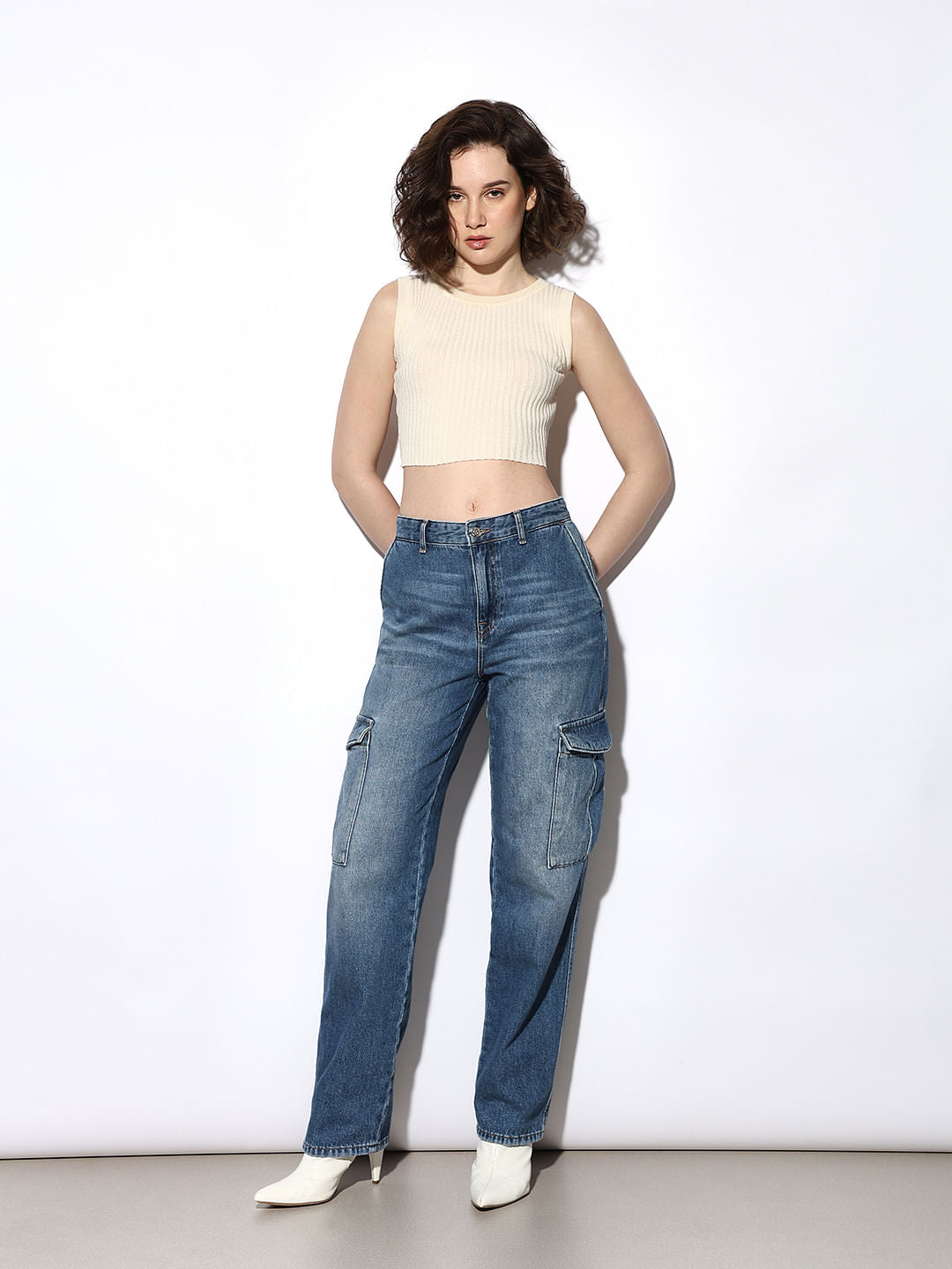Blue High Rise Cargo Jeans