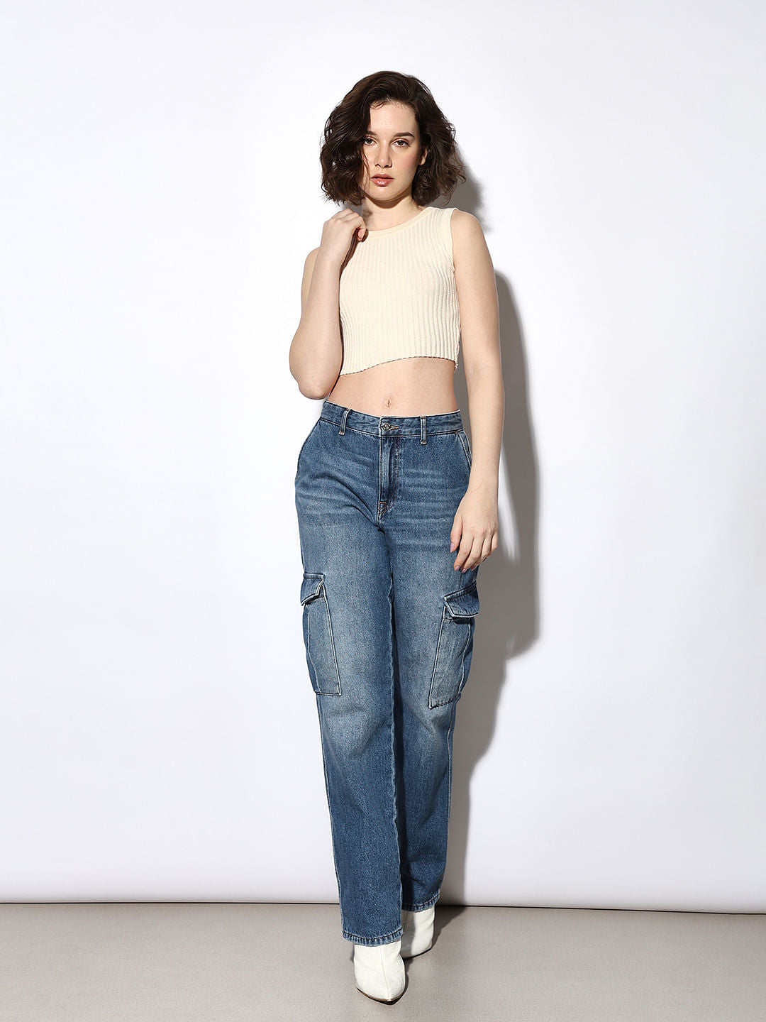 Blue High Rise Cargo Jeans