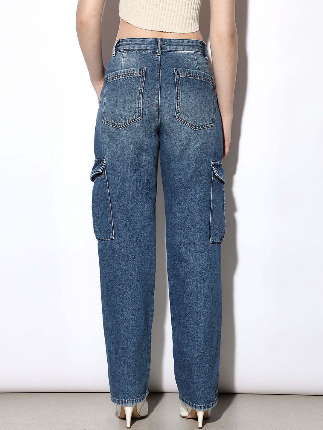 Blue High Rise Cargo Jeans