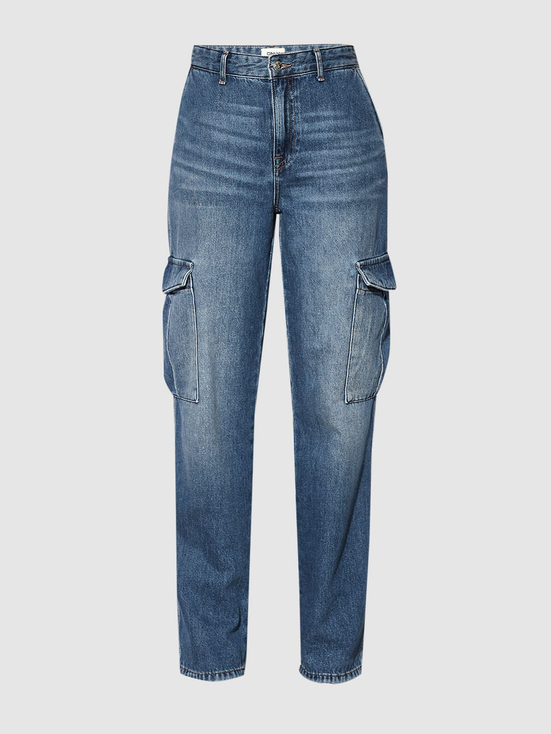 Blue High Rise Cargo Jeans