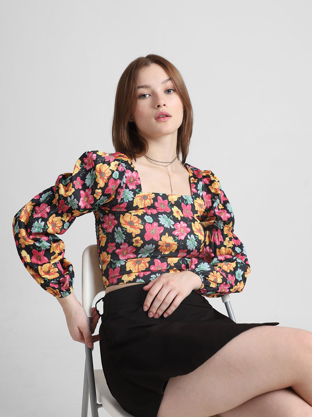 Black Floral Smocked Satin Top