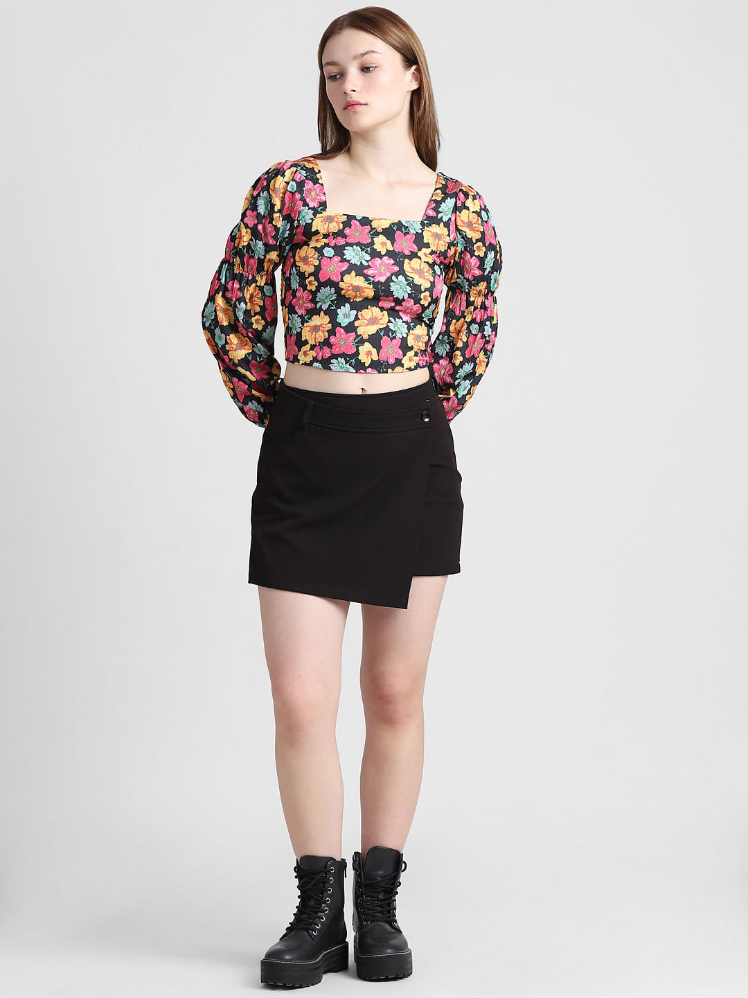Black Floral Smocked Satin Top