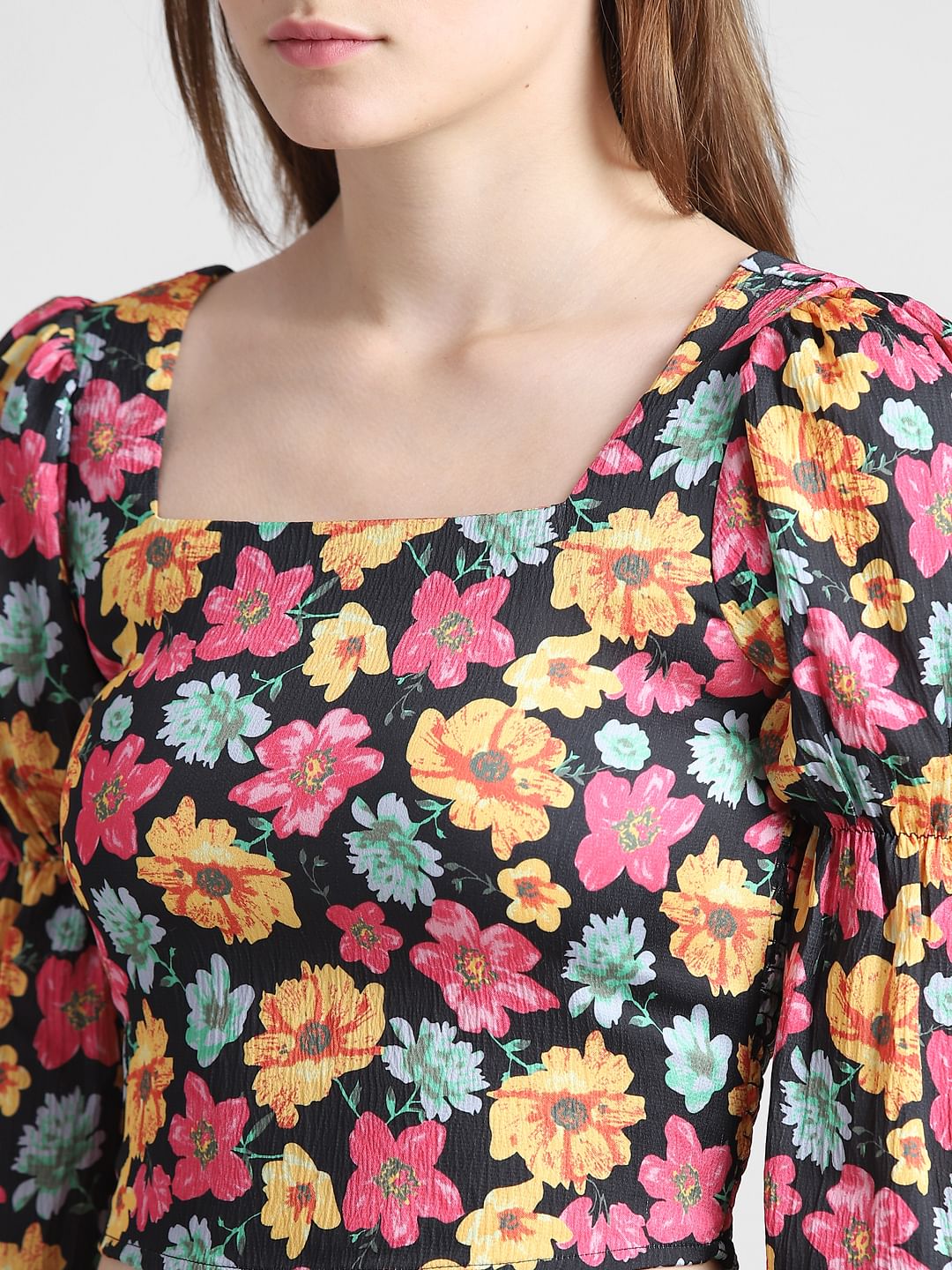 Black Floral Smocked Satin Top