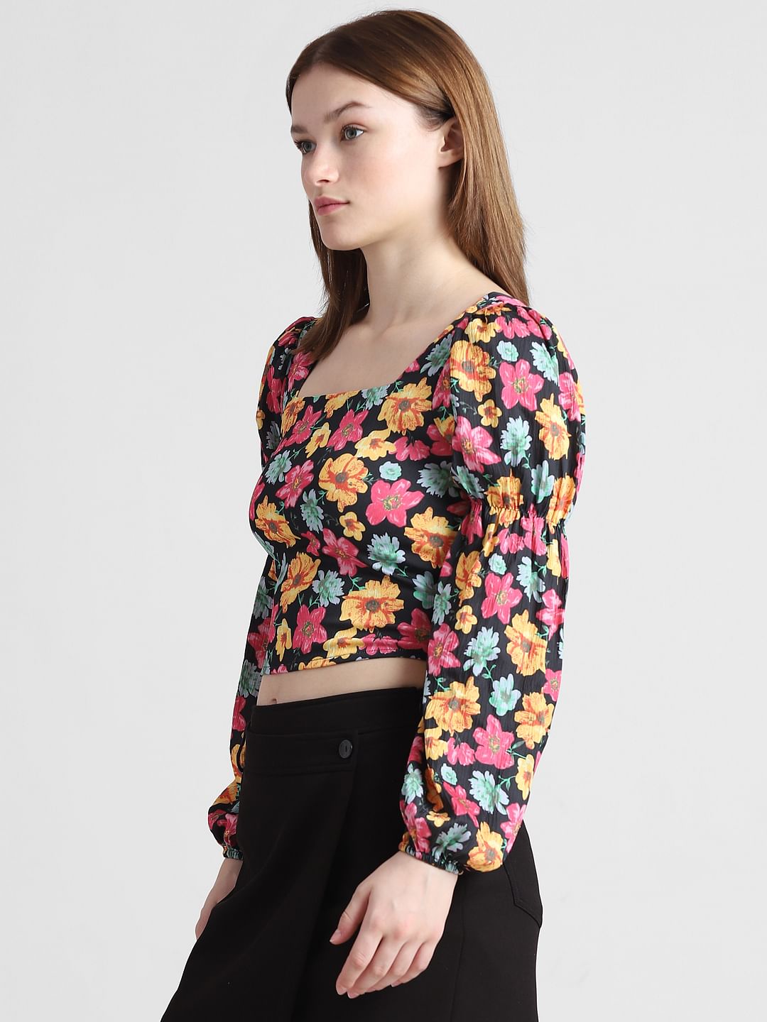Black Floral Smocked Satin Top