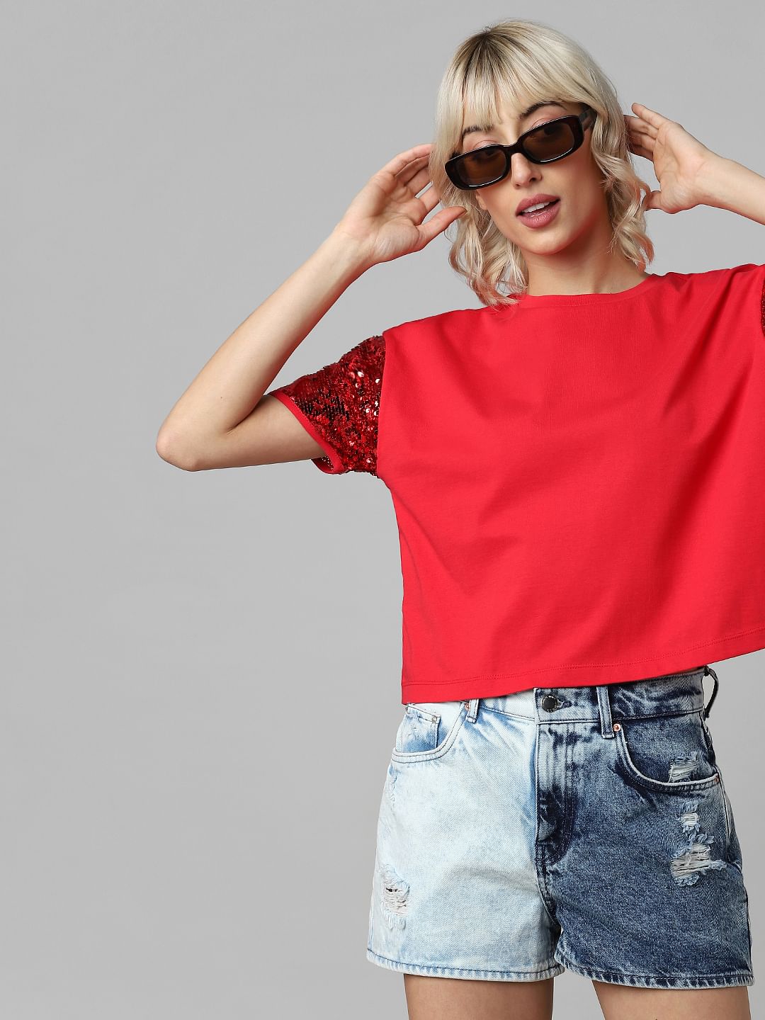 Red Sequinned Sleeves Knit Top