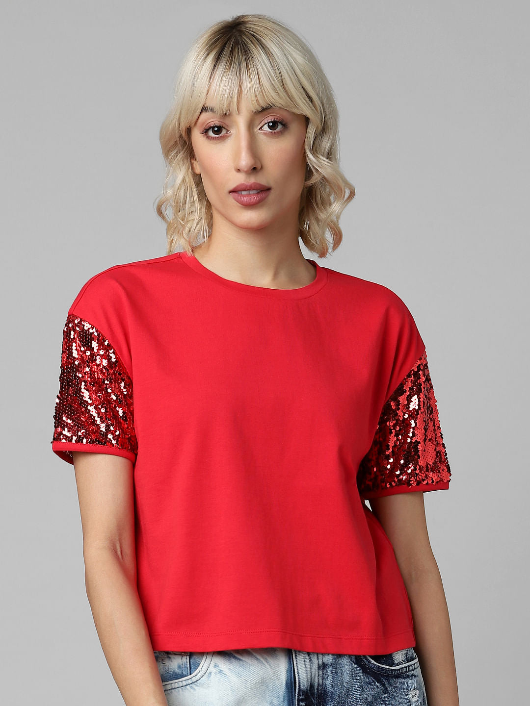 Red Sequinned Sleeves Knit Top