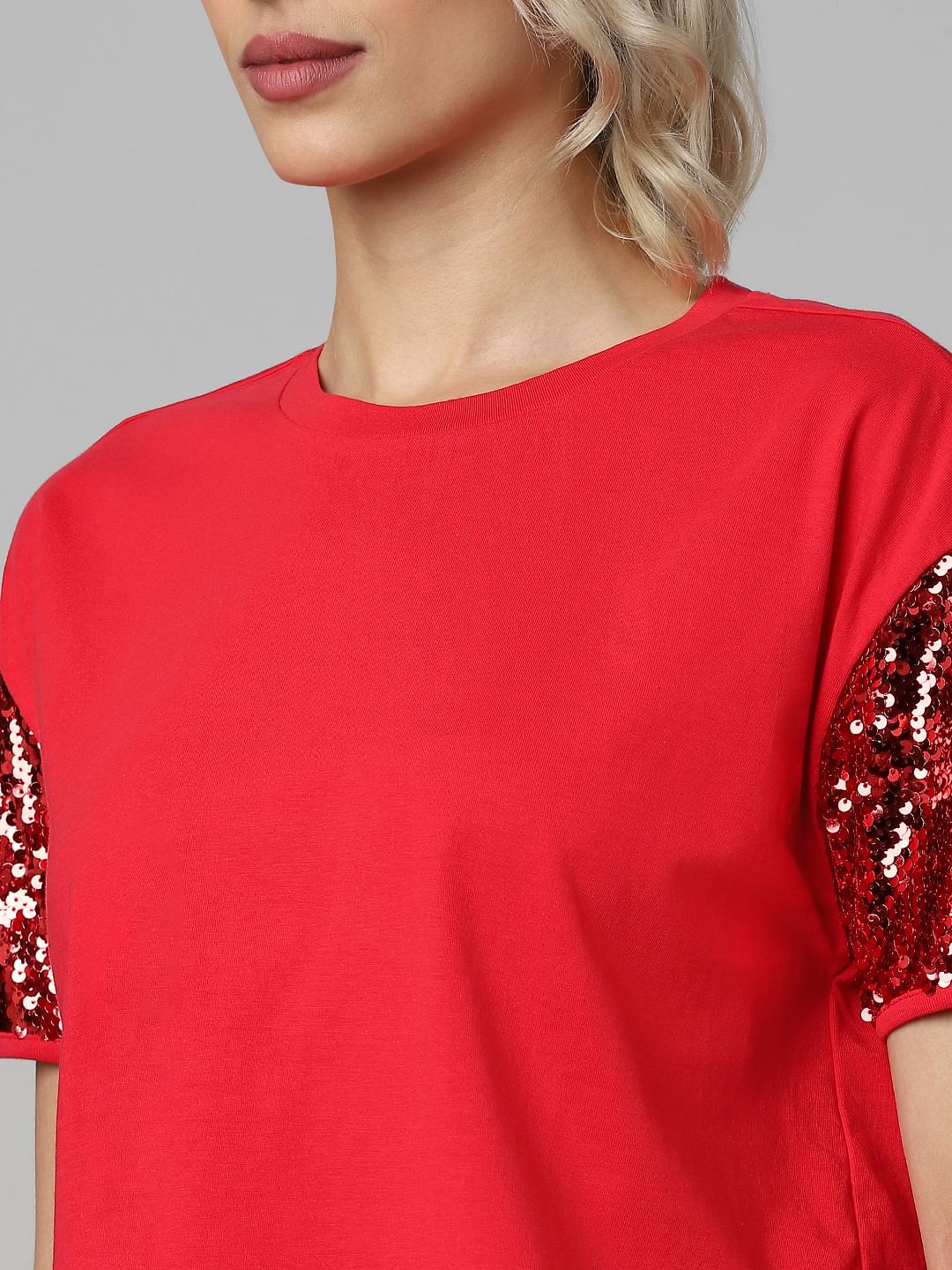 Red Sequinned Sleeves Knit Top