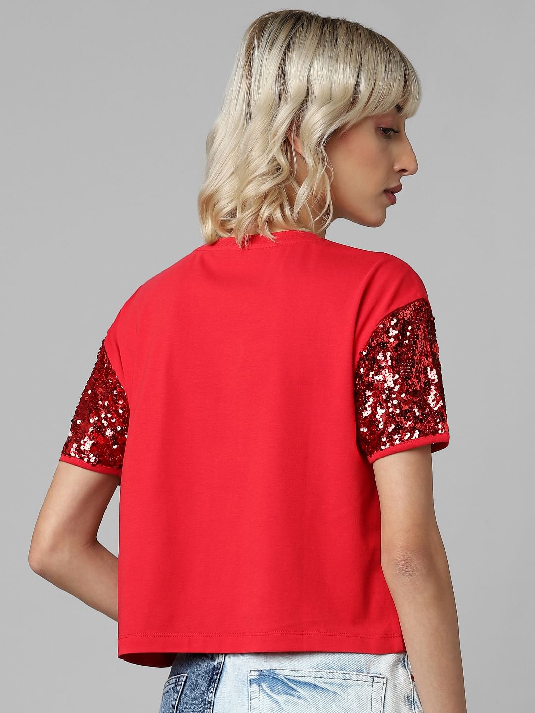 Red Sequinned Sleeves Knit Top