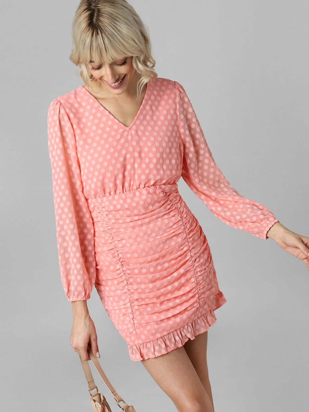Peach Polka Dot Ruched Dress
