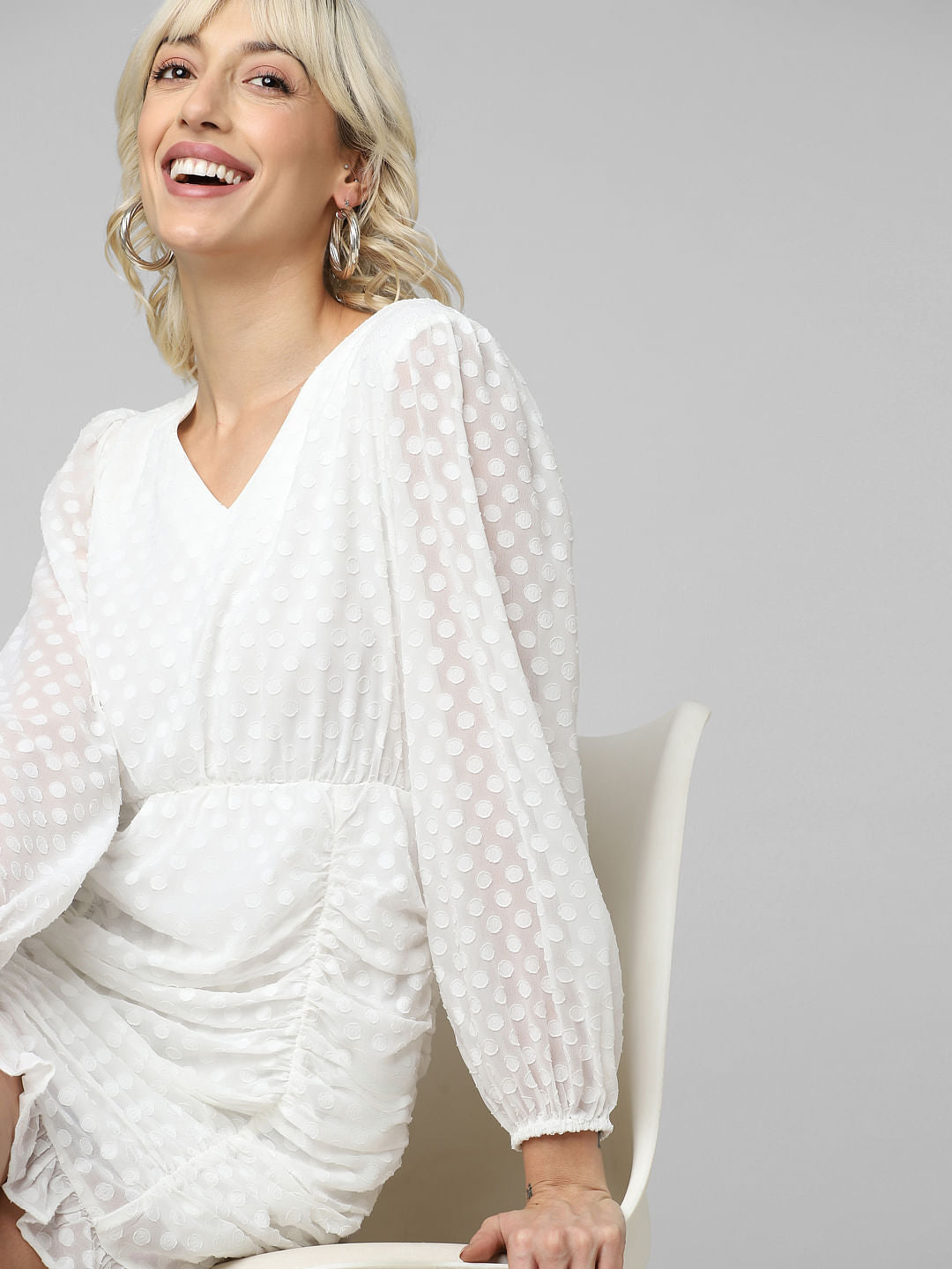 White Polka Dot Ruched Dress