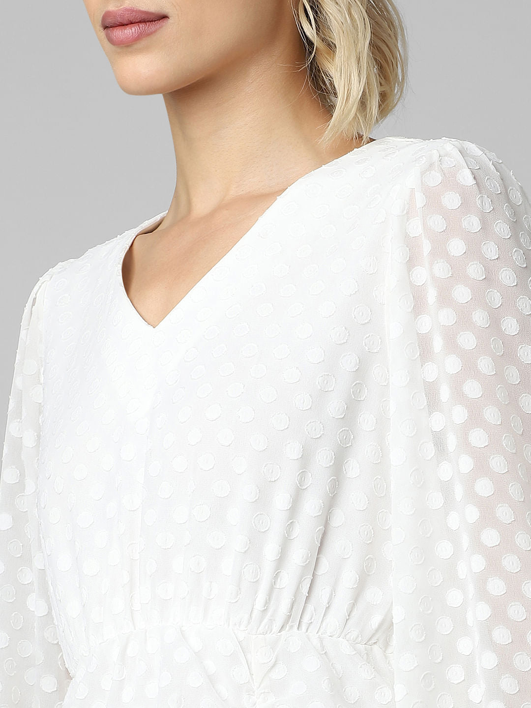 White Polka Dot Ruched Dress