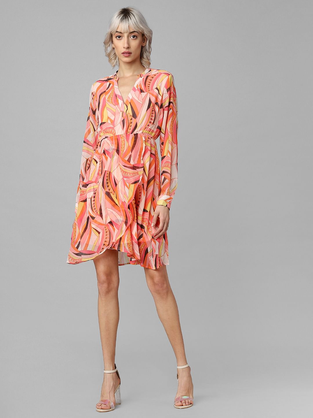 Peach Abstract Print Fit & Flare Dress