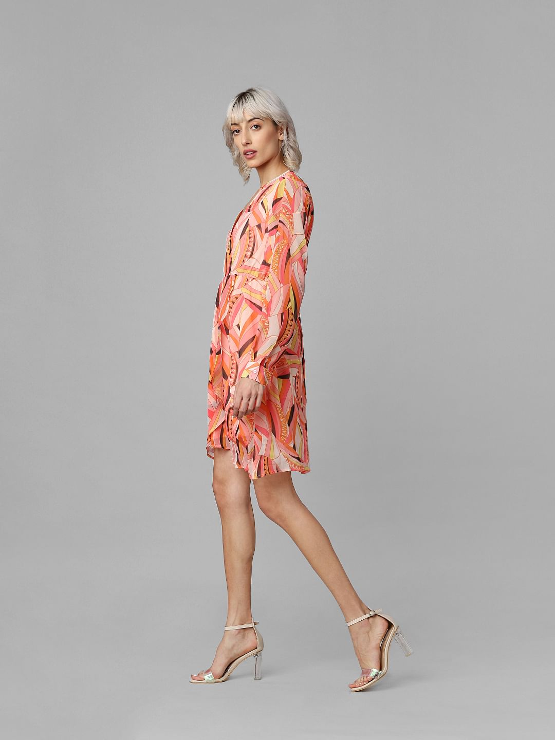 Peach Abstract Print Fit & Flare Dress