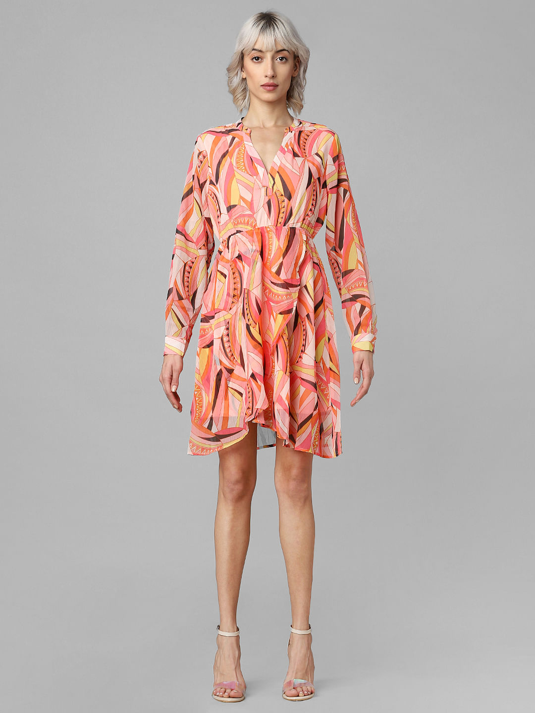 Peach Abstract Print Fit & Flare Dress