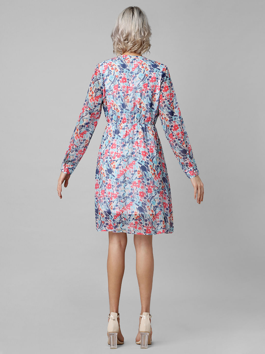 Blue Floral Print Fit & Flare Dress