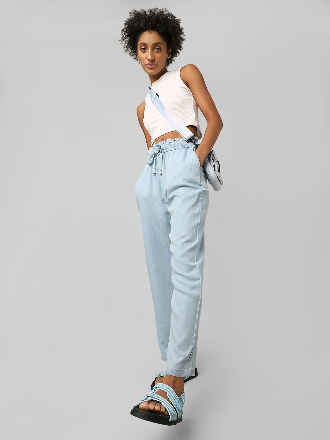 Blue High Rise Drawstring Pants
