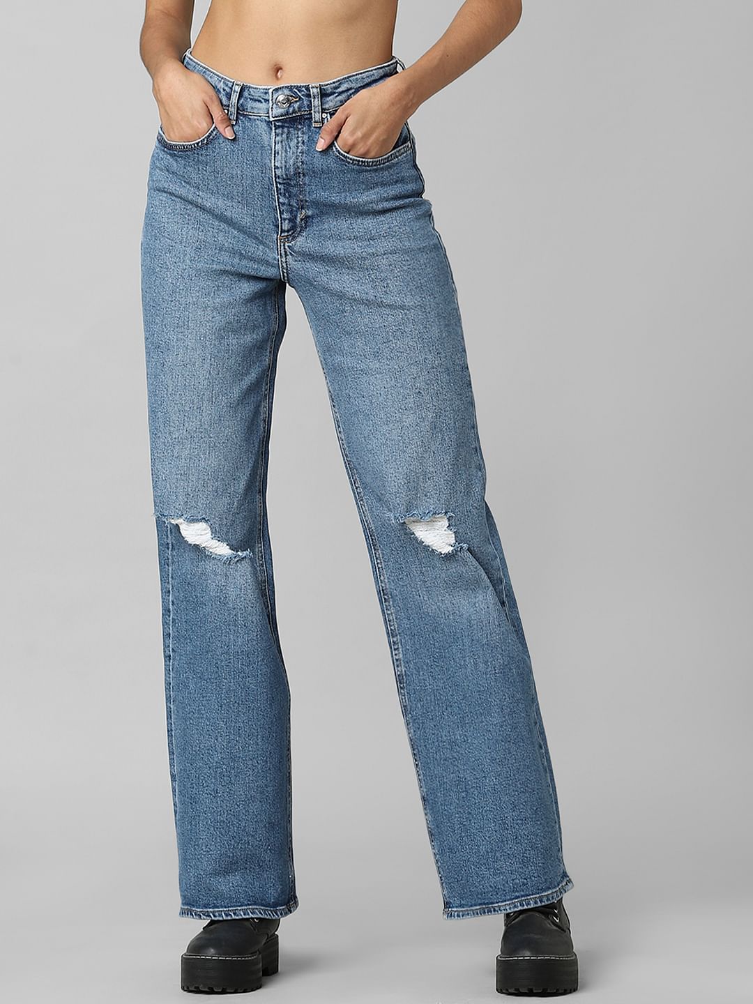 Blue High Rise Distressed Wide Leg Jeans