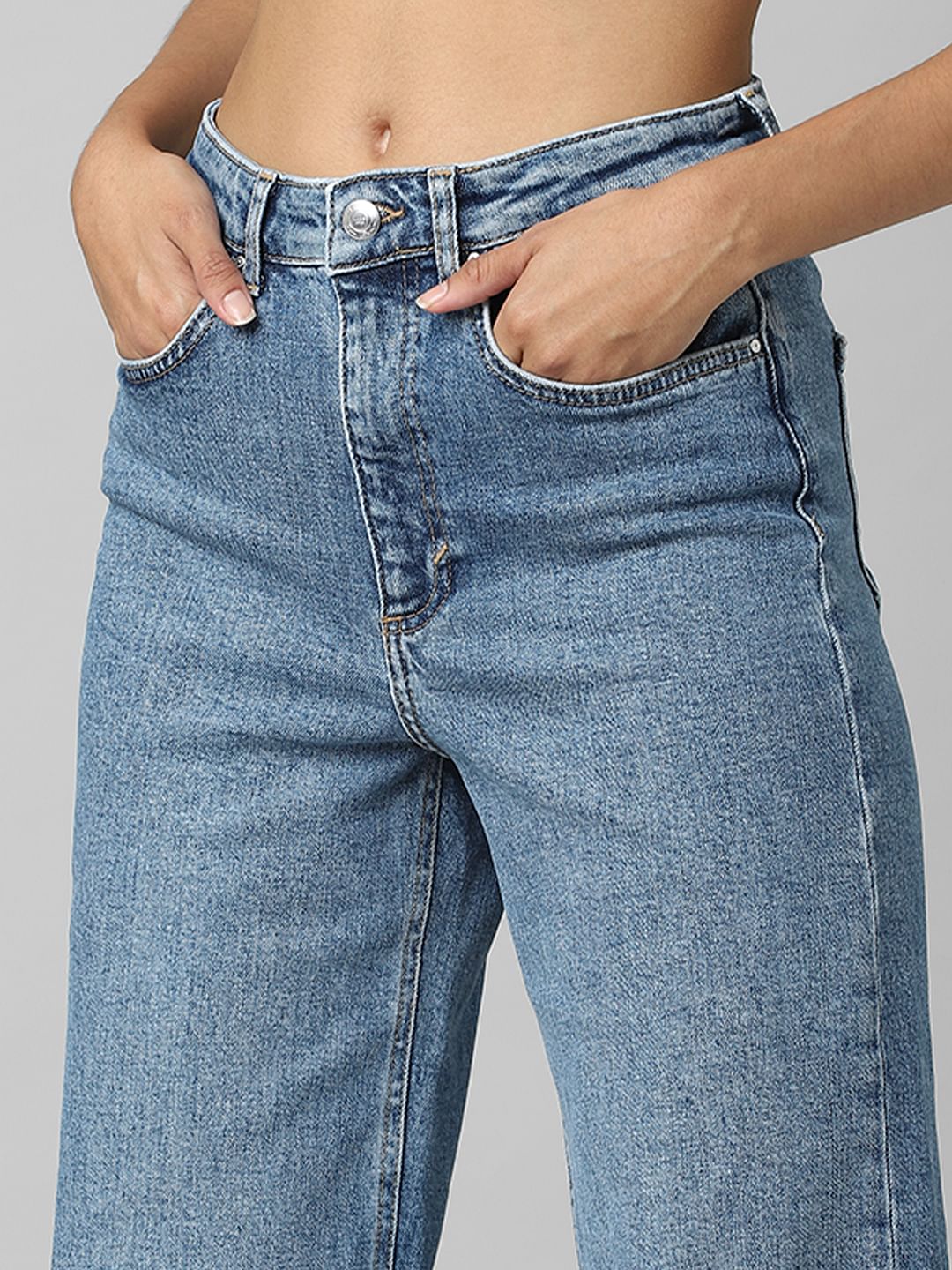 Blue High Rise Distressed Wide Leg Jeans