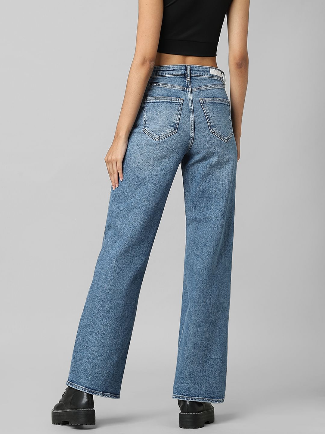 Blue High Rise Distressed Wide Leg Jeans