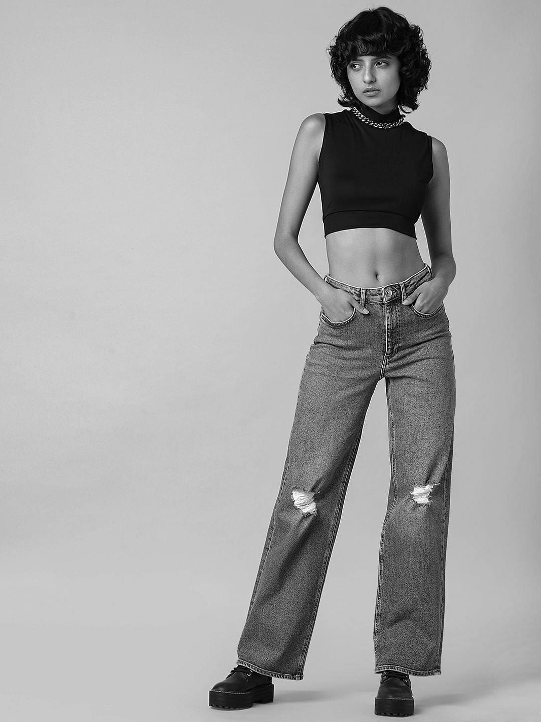 Blue High Rise Distressed Wide Leg Jeans