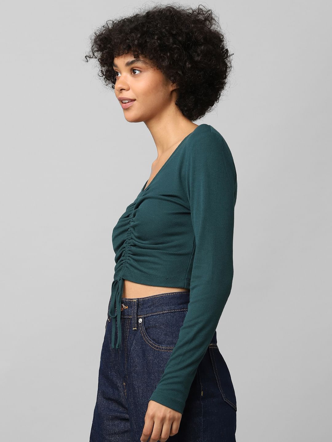 Dark Green Ruched Ribbed Crop Top