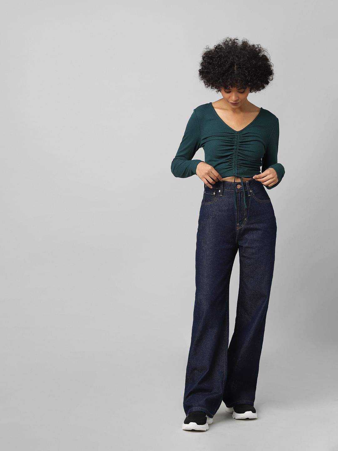 Dark Green Ruched Ribbed Crop Top