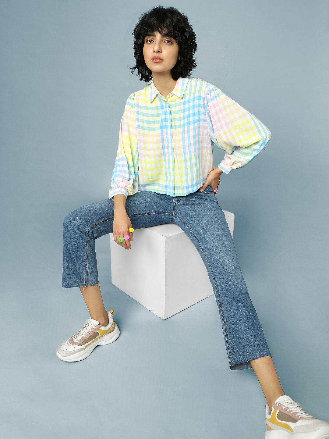 Blue Mid Rise Flared Ankle Length Jeans