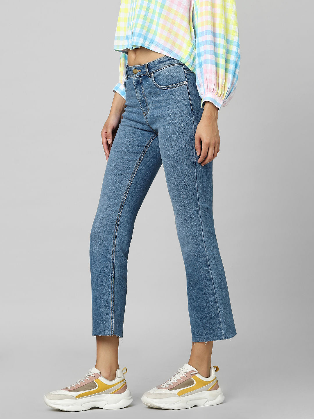 Blue Mid Rise Flared Ankle Length Jeans