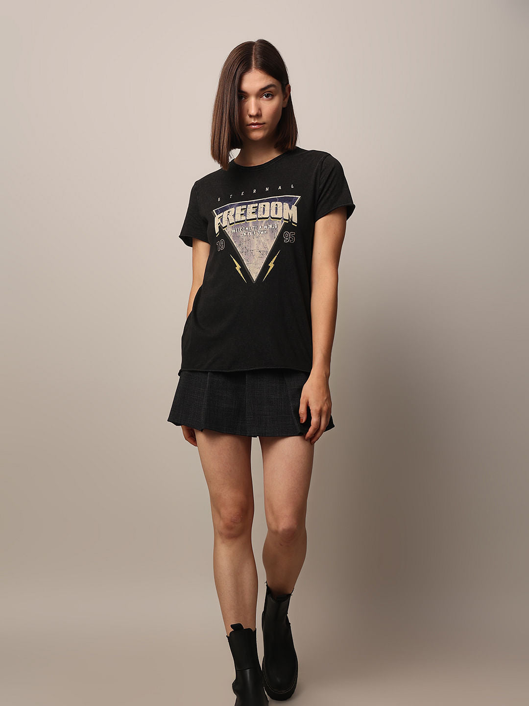 Black Acid Washed Printed Cotton T-Shirt