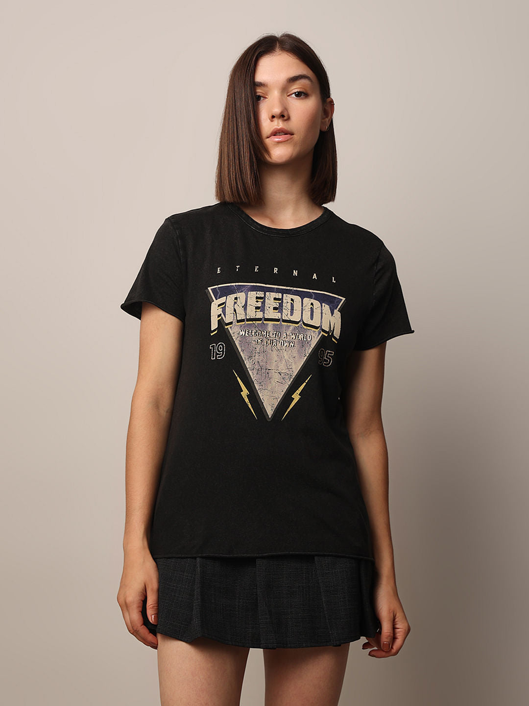 Black Acid Washed Printed Cotton T-Shirt