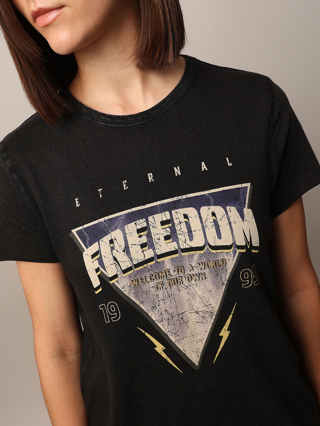 Black Acid Washed Printed Cotton T-Shirt