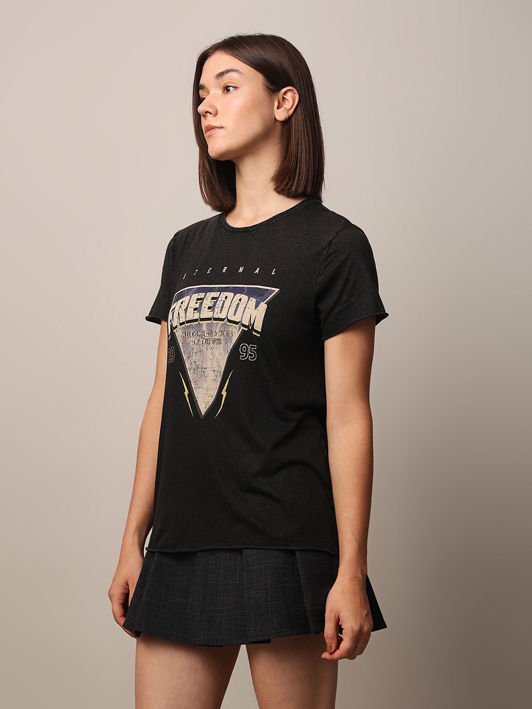 Black Acid Washed Printed Cotton T-Shirt